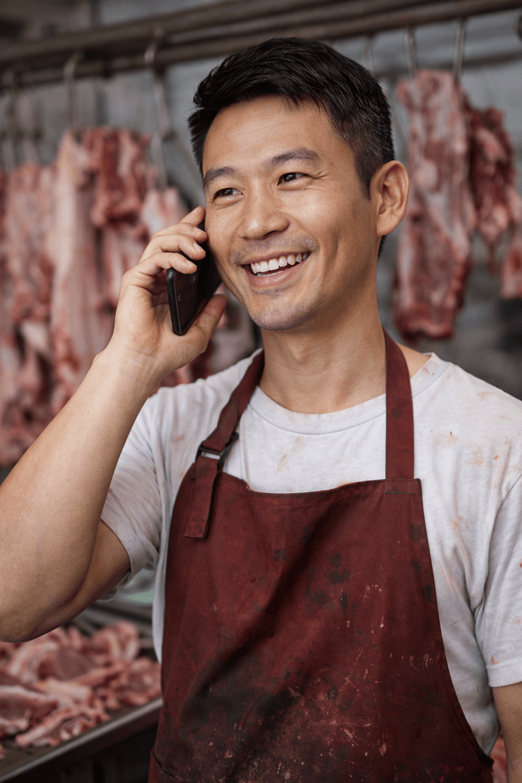 Well-integrated butcher-shop employee using a smartphone