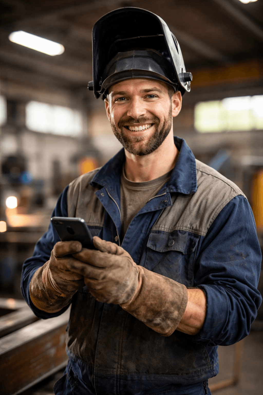 Well-integrated industrial worker using a smartphone